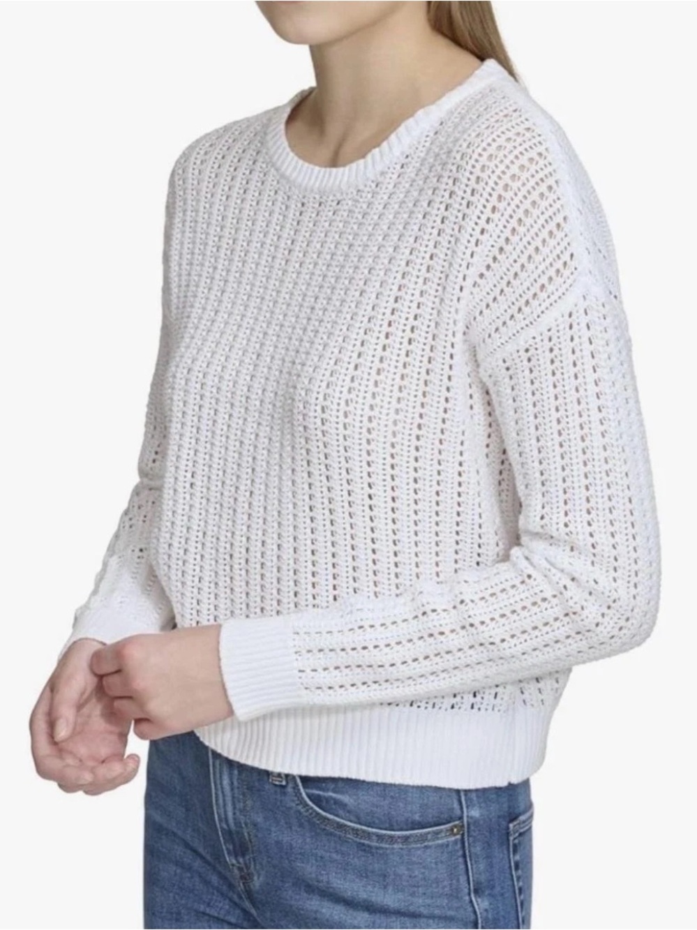 DKNY Jeans Women’s XS Open Stitch Long Sleeve Cotton Sweater White Knitted Beach